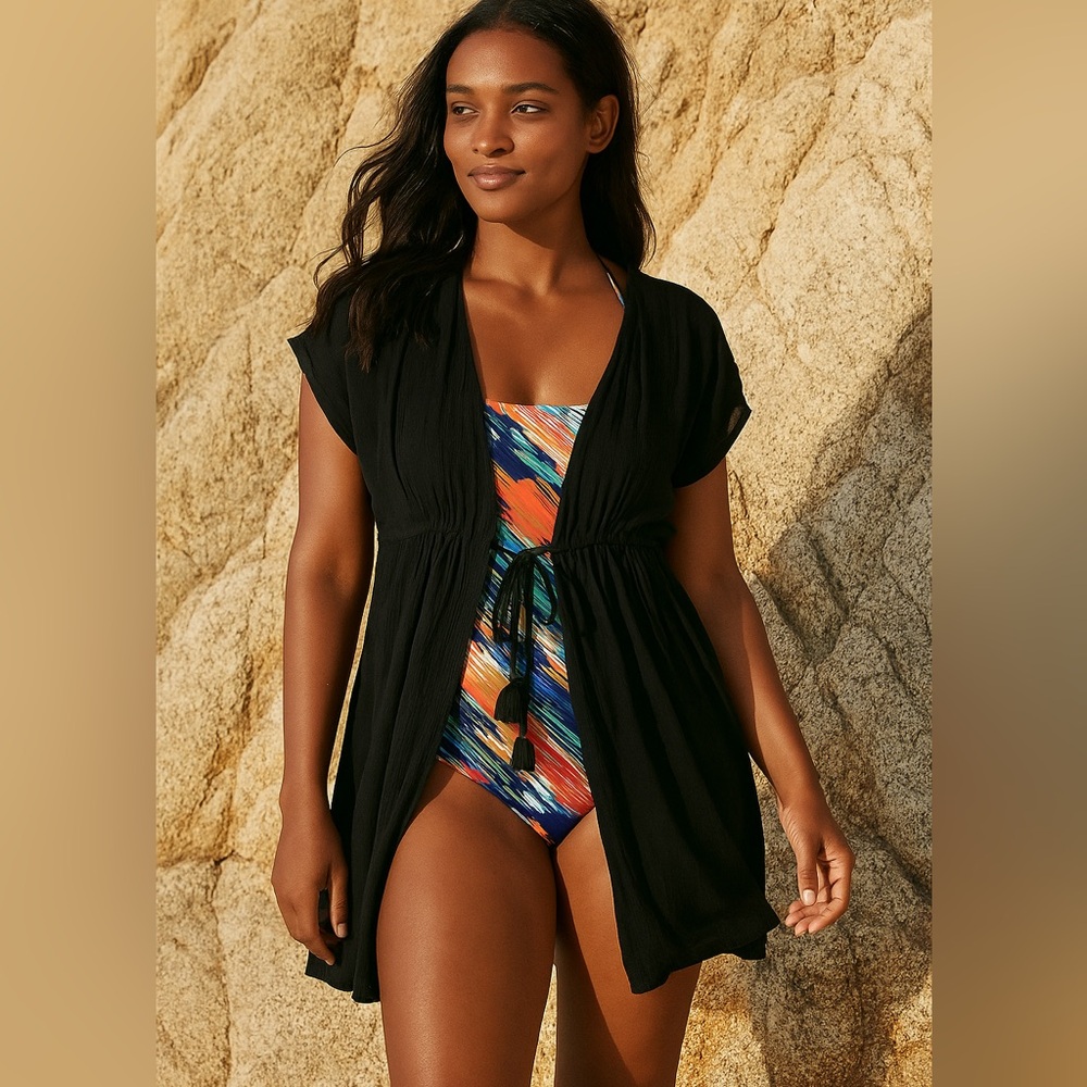 Joe fresh black short-sleeved swim cover up, size medium